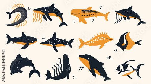 Hand draw abstract sea animals flat icon