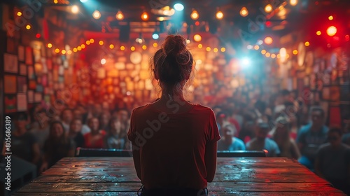 Comedian holding a microphone during a standup routine, spotlight, laughing crowd photo