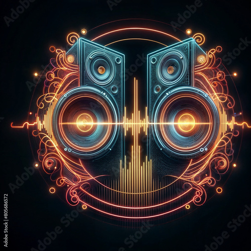 Design for Two sound speakers in neon light with sound wave  digital illustration created with generative ai.