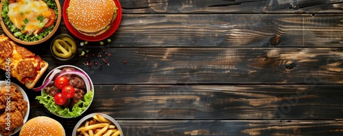 Various kinds of fast food on a wooden table