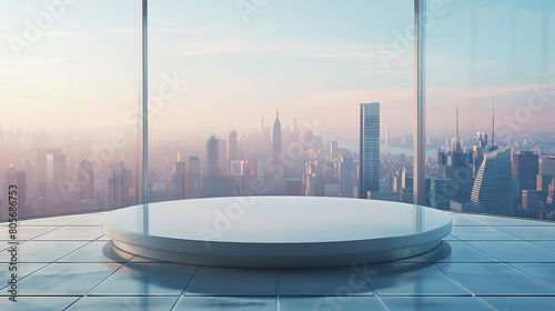 A large city with a glass window overlooking it