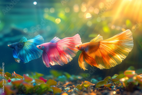 Colorful Betta fish swimming gracefully in a sunlit water tank, vibrant colors and flowing fins, concept of aquatic life.
 photo