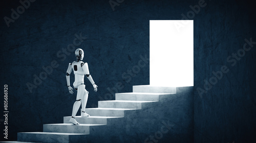 MLP 3d illustration robot humanoid walk up stair to success and goals achievement. Concept of AI thinking brain and machine learning process for the 4th fourth industrial revolution. photo