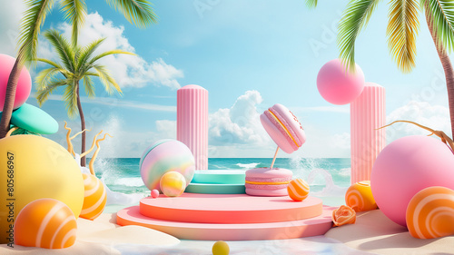 podium Summer 3d polygon , sand beach, umbrella, beach chair, ball, flowers,  metamorphosing elements