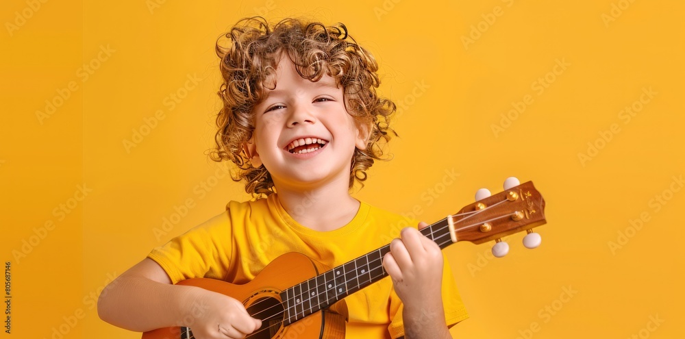 Obraz premium Smiling kid with curly hair playing guitar on a yellow background. Generate AI image