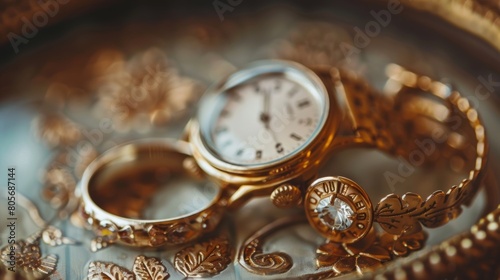 A photo of a vintage watch and ring set with matching designs and an elegant and timeless charm.