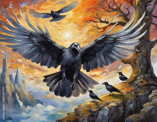 fantasy painting of a huge raven flying over a tree, with a flock of birds at sunset sky