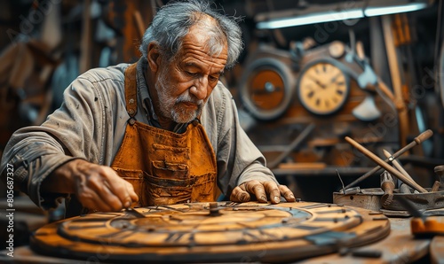 Artisan crafting a wooden clock, closeup, tools in background, warm light photo