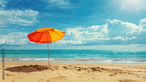 A vibrant beach umbrella provides shade on the sandy shore overlooking the sparkling ocean  with people enjoying the coastal natural landscape under a clear sky AIG50