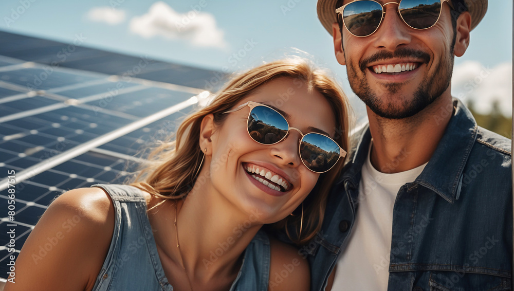 The concept of green energy. Happy family walking and having fun in solar panel field. Green energy The concept of green energy. Happy family walking and having fun in solar panel field. Green energy