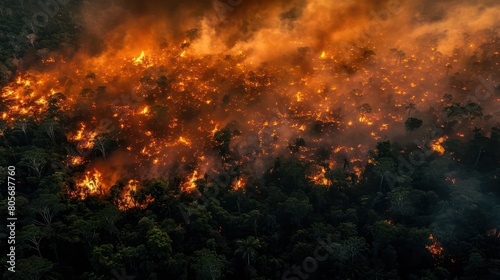 Aerial view from space of ecological disaster of fires in the jungle