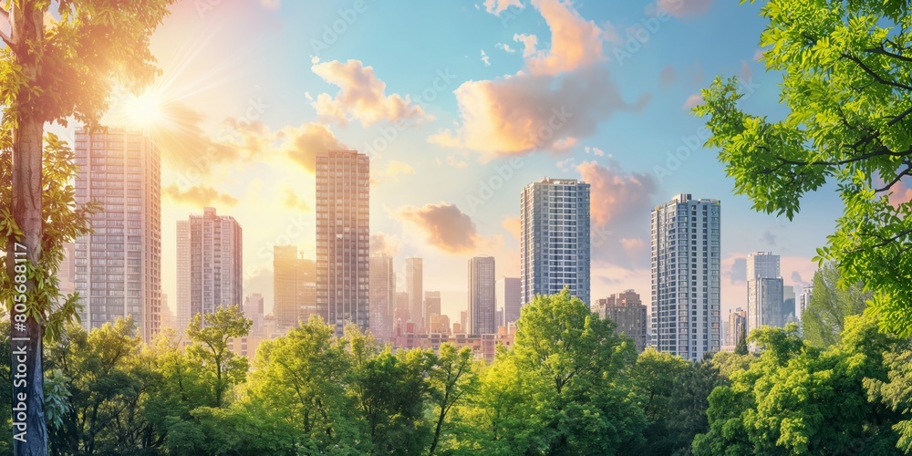 Obraz premium Cityscape of a residential area with modern apartment buildings new green urban landscape in the city.