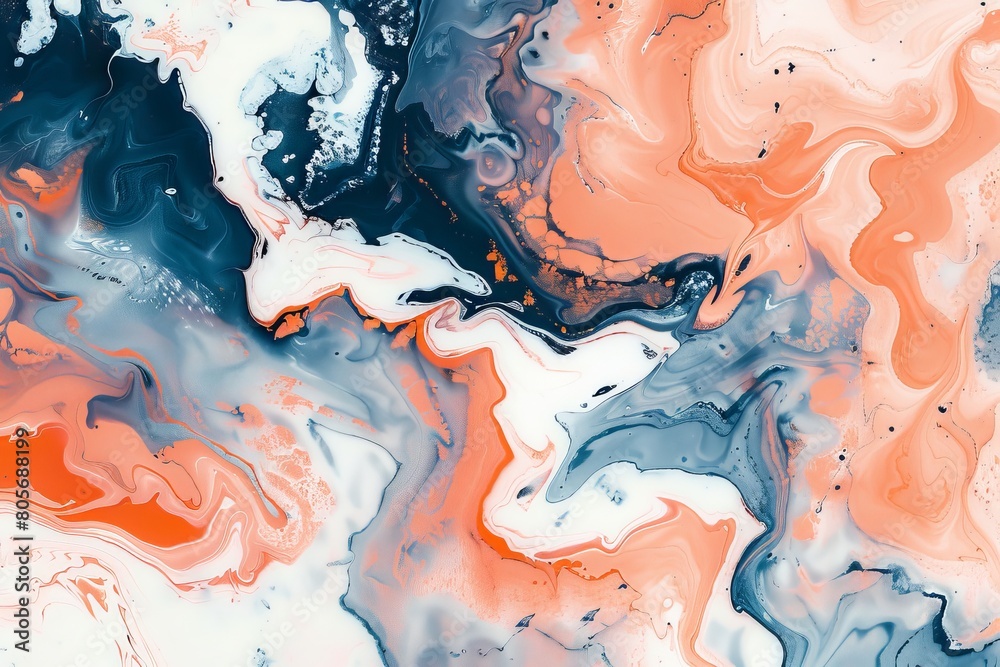 Abstract marble background with orange and navy blue pattern. Liquid marble texture