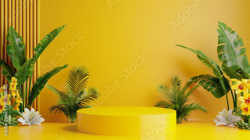 A yellow wall with a green background and a large plant in the foreground