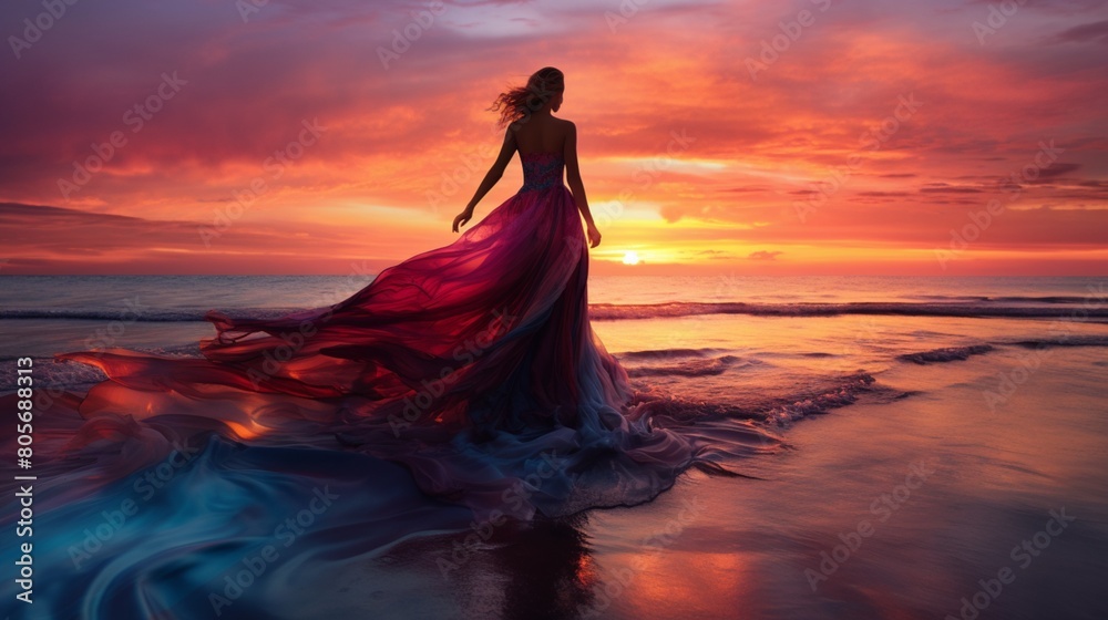 Vibrant hues of red, orange, and purple paint the sky in a stunning sunset, blending seamlessly with the ocean's azure tones, while a fashion model stands in a long, flowing dress reminiscent of a nau