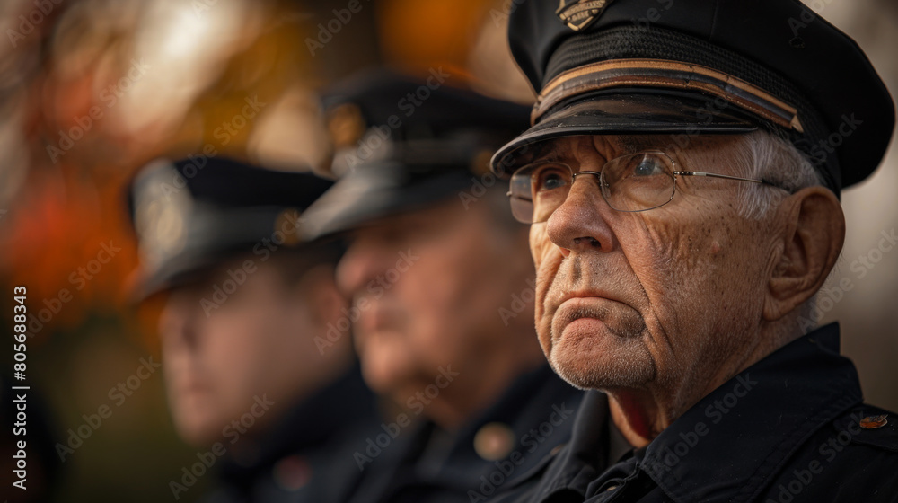 Three men in uniform, one of them wearing a police hat Three men in uniform, one of them wearing a police hat