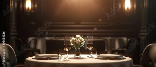 Luxury Dining Experience A highend restaurant table set for two, the rest of the restaurant receding into elegant darkness, focusing on the intimate dining experience photo