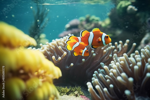 A clownfish swims among the colorful coral in its underwater home photo
