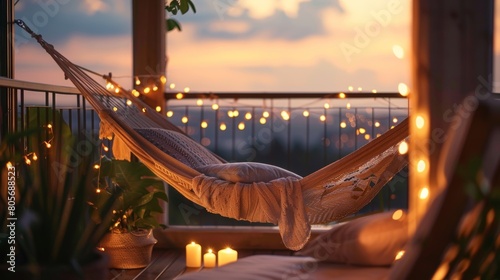 A private balcony with a hanging hammock and ling string lights providing a tranquil space for mindfulness and relaxation. photo