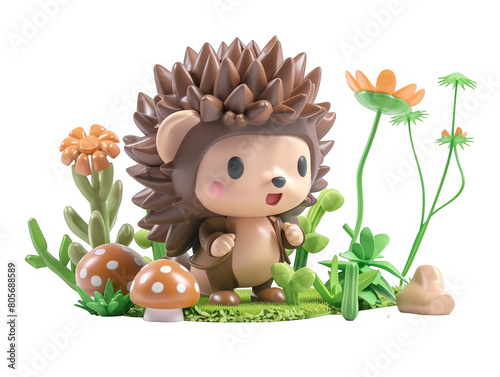 A cartoon hedgehog is standing in a field of flowers and mushrooms