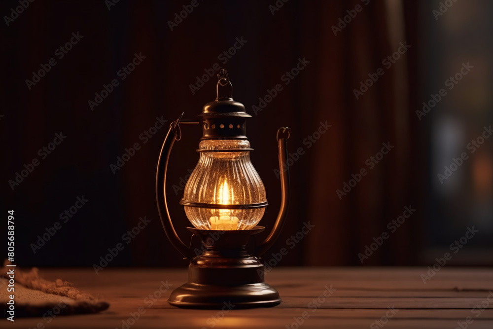 Antique brass oil lamp on a wooden table Antique brass oil lamp on a wooden table