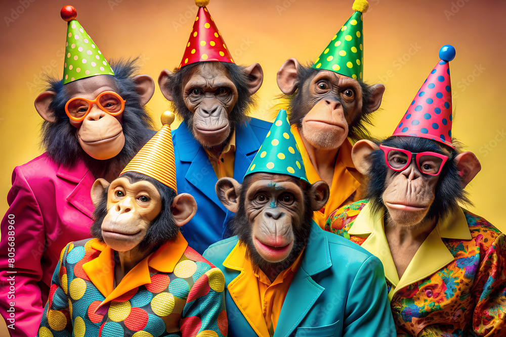 A vibrant group of monkeys in festive outfits celebrating, exuding joy, and embraced by friendship atmosphere