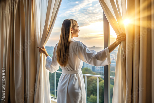 Calm serene woman opens curtains in a hotel room, welcoming the new day with a sunrise cityscape view