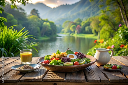 A wholesome morning meal set on a wooden table with a breathtaking view of a lush river landscape, evoking tranquility and a fresh start photo