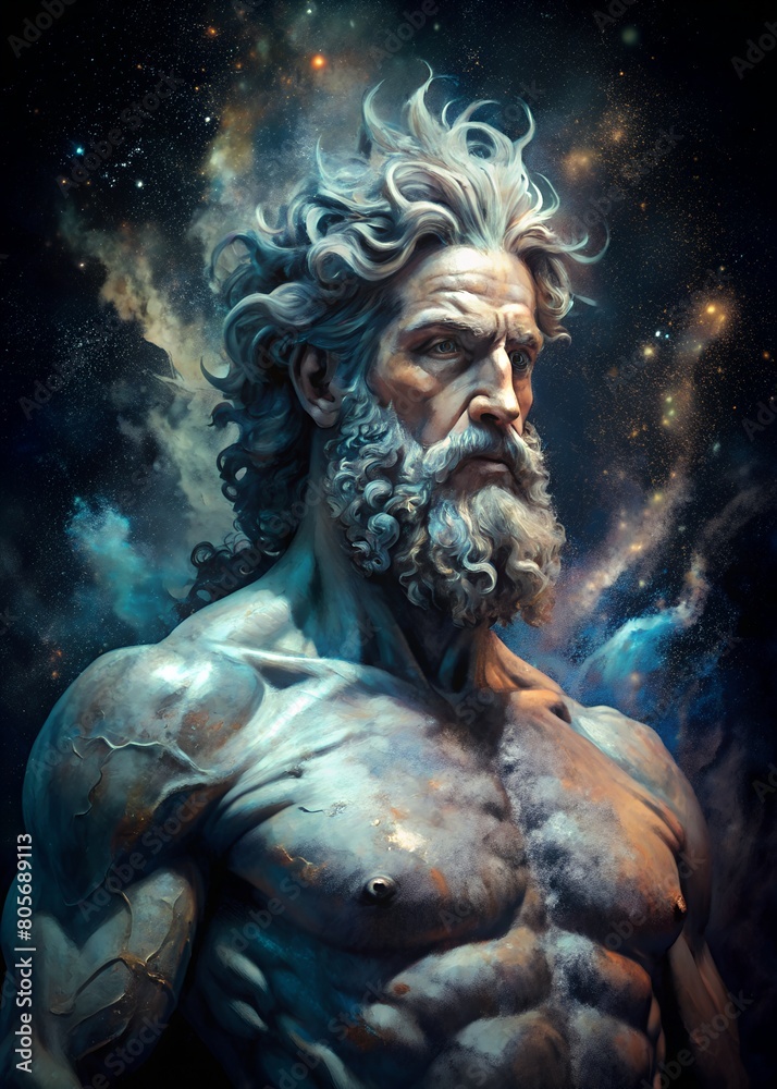 Artistic depiction of a mythical god-like figure with starry cosmos in the background