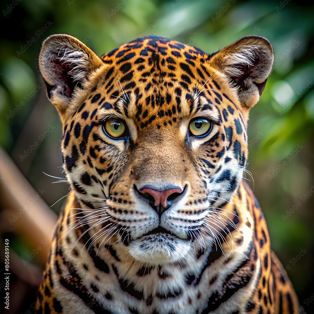Obraz premium This striking close-up shot captures the intensity and wild beauty of a jaguar, showcasing its piercing gaze and exotic spotted fur pattern