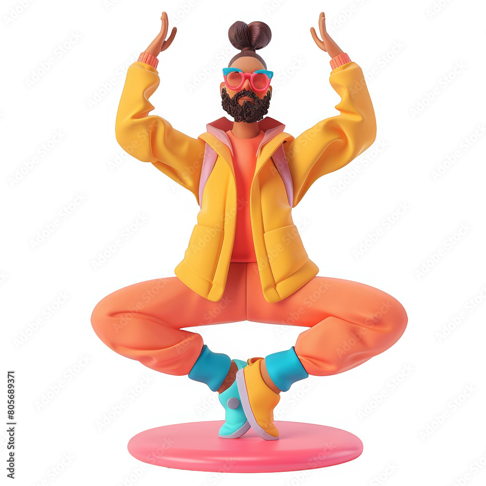 A man in a yellow jacket is sitting cross legged with his hands on his head A man in a yellow jacket is sitting cross legged with his hands on his head