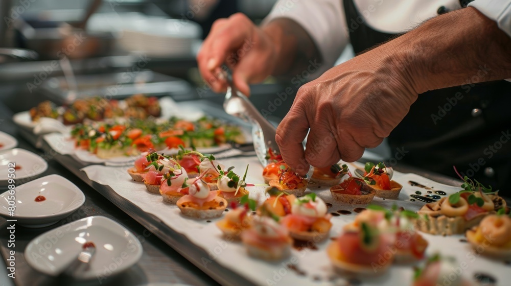 The chef preparing a stunning array of hors doeuvres incorporating unique flavors and presentation to impress their clients. The chef preparing a stunning array of hors doeuvres incorporating unique flavors and presentation to impress their clients.