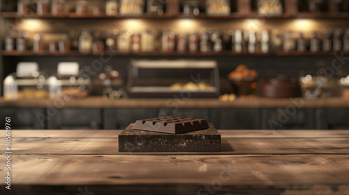 A chocolate bar sits on a wooden table in front of a counter photo