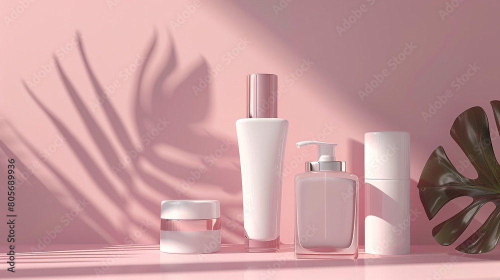 Cosmetic bottle containers with tropical leaves shadow on the wall Cosmetic bottle containers with tropical leaves shadow on the wall