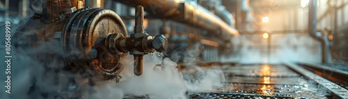 Closeup of steam escaping from an industrial valve, the space around the valve filled with the hazy atmosphere of the factory photo