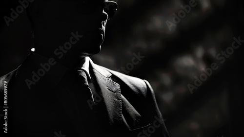 A mafia hitman waiting in the shadows, his face partially obscured, highlighting the dangerous life of organized crime photo