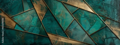 Abstract art in teal and gold, geometric shapes with a futuristic vibe, featuring angular lines and curves, capturing the essence of Art Deco design. photo