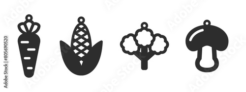 Set of vector designs for earrings, pendant or keychain with vegetables such as carrot, corn, broccoli and mushroom. Veggies jewelry silhouette cut template. Laser cutting with leather, wood or metal