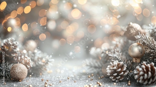 Christmas background with fir branches  pine cones and golden balls covered with snow