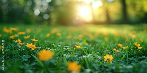 Sunburst peeks over lush greenery, spotlighting a field of blooming yellow flowers