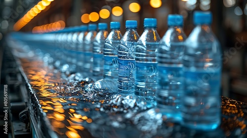 A row of plastic bottles move along a conveyor belt, being filled with a refreshing beverage photo