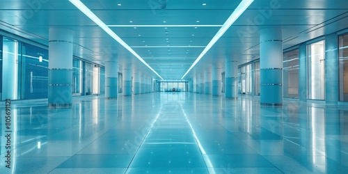 Spacious blue corporate lobby with reflective surfaces and ambient lighting