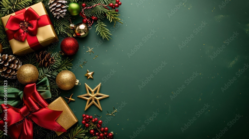 christmas decorative items such as red bow,gold gift box,gold star,green bow and gold bell,Festive Holiday Decorations,Top view copyspace