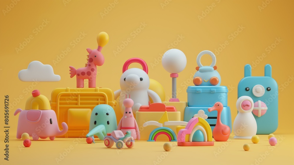Obraz premium A vibrant collection of various children toys displayed on a yellow background.