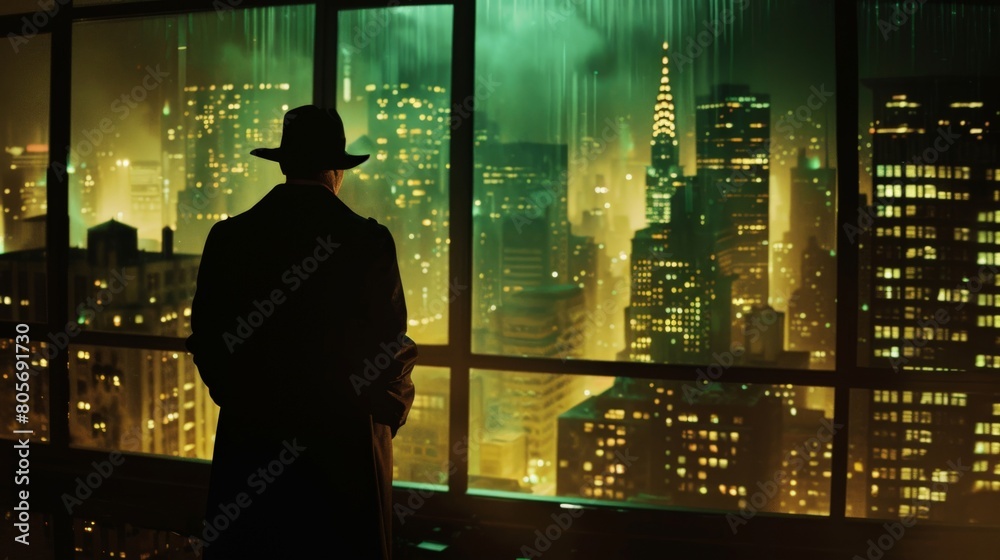 Shadowy figure of a mafia boss in a dimly lit room, planning his next move with the city skyline in the background Shadowy figure of a mafia boss in a dimly lit room, planning his next move with the city skyline in the background