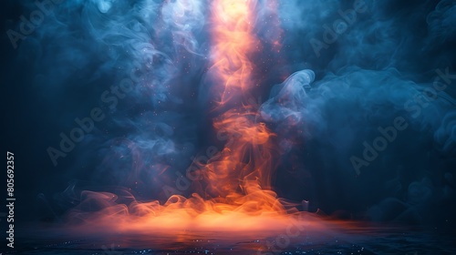 A solitary spotlight illuminates a swirling cloud of smoke on a dark stage, creating an atmosphere of anticipation and mystery.