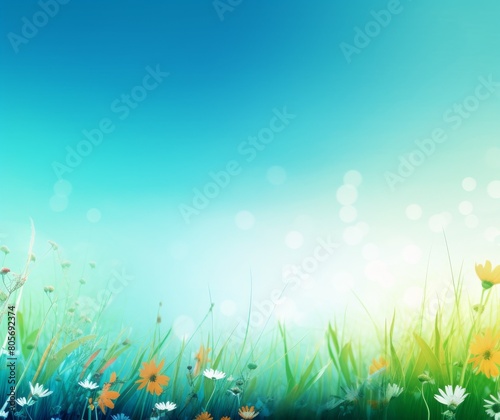 Serene Summer Wildflowers and Fresh Grass on Sunny Day Background