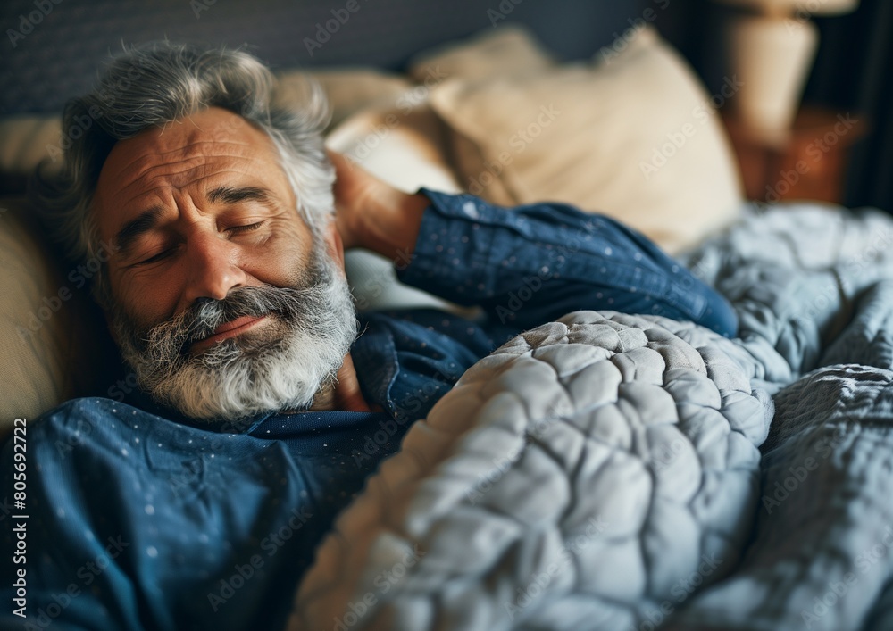 Fototapeta premium Peaceful Elderly Man Sleeping Comfortably in Bed at Home