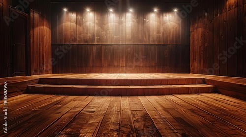 Empty Stage, A simple wooden stage with minimal lighting, ready for a performance photo