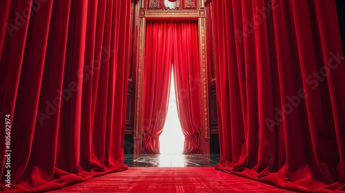 Grand Opening, Luxurious red velvet curtains sweeping open to reveal a bright light photo